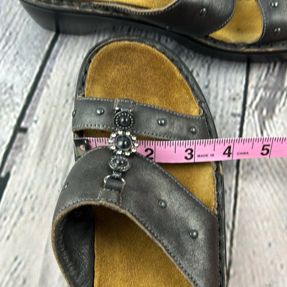 NAOT Deep Metallic Pewter Leather Jeweled Open Toe Slip On Low Wedge Sandals - Picture 10 of 17